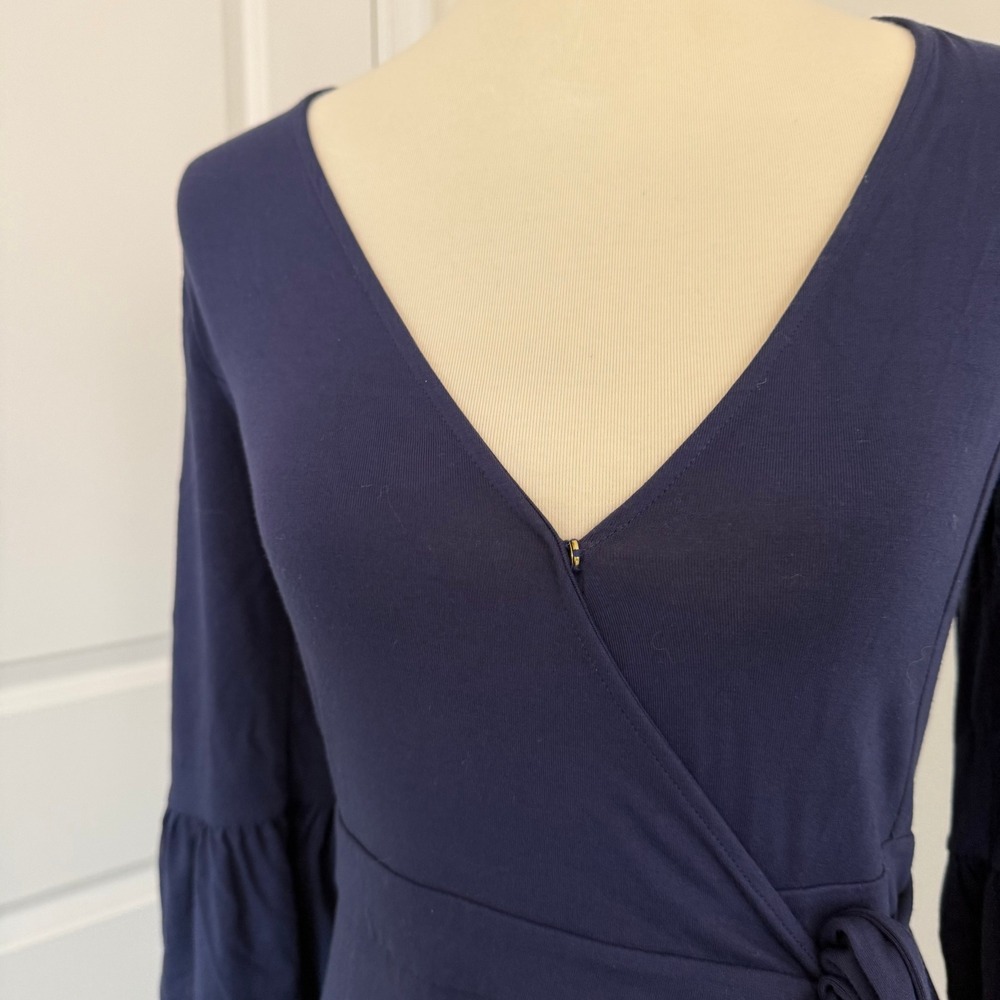 Lilly Pulitzer Navy Blue Ruffle Wrap Dress XS 3/4 Bell Sleeve V-Neck Jersey - Picture 6 of 12